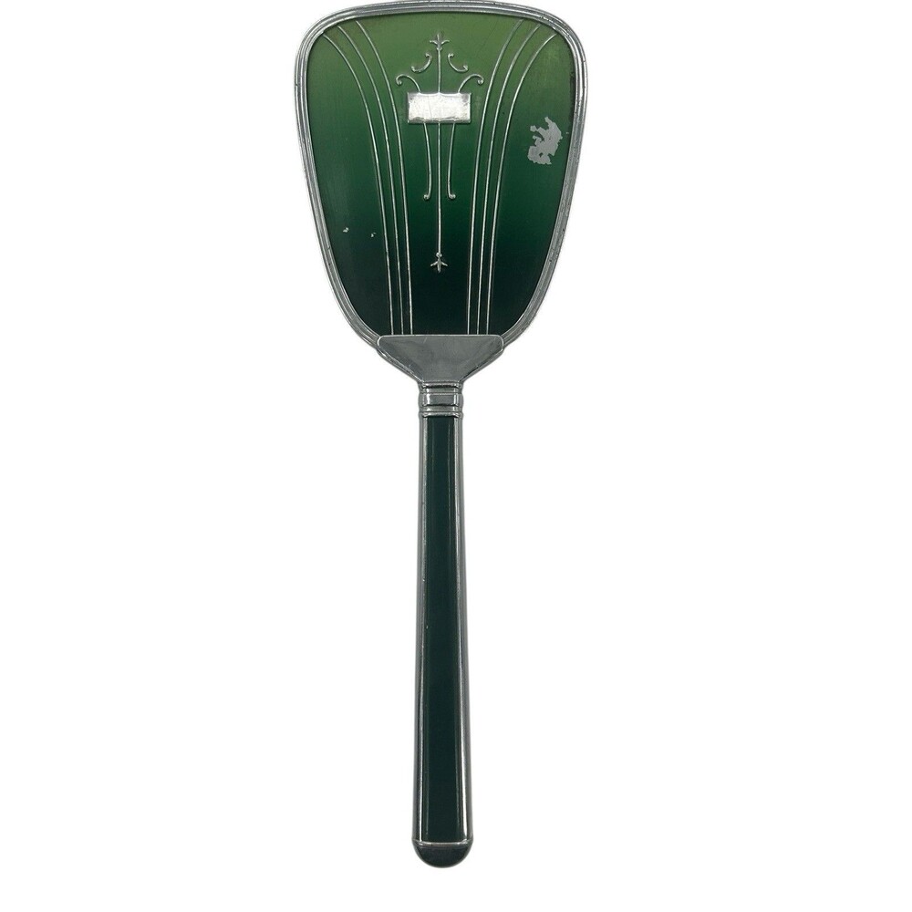 Vintage Monogrammed Green Enamel Hair Brush Golden Wheel Fast Shipping